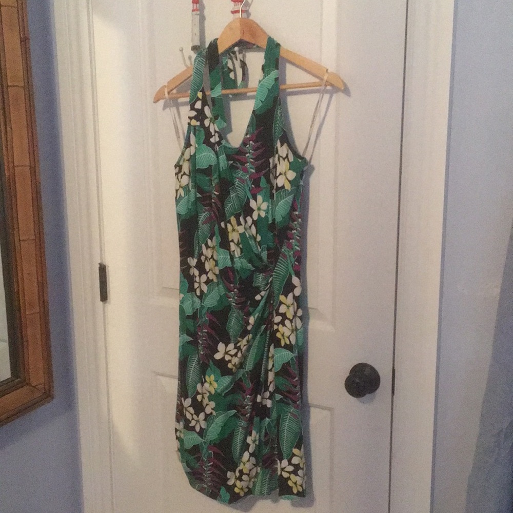 Faux wrap halter dress.